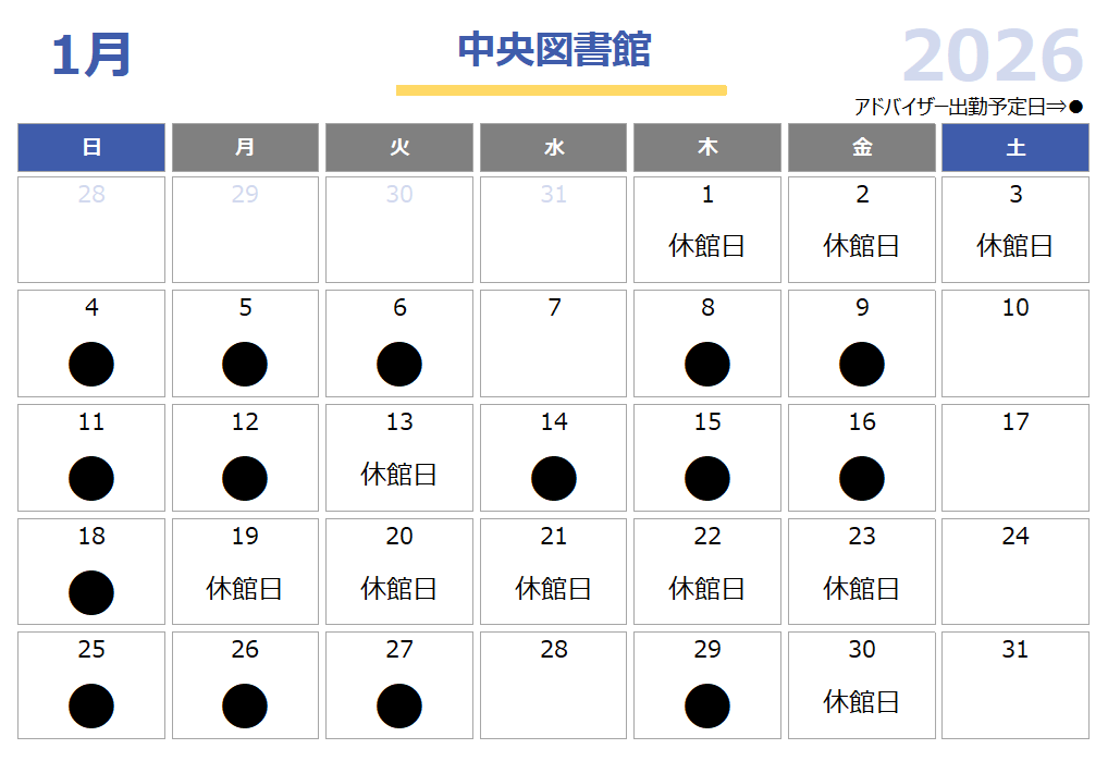 中央図書館の子育て支援アドバイザー出勤予定日が記載されたカレンダー画像。1月は4日から6日、8日、9日、11日、12日、14日から16日、18日、25日から27日、29日の10時から16時で出勤予定です。