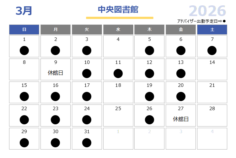 中央図書館の子育て支援アドバイザーの出勤予定日が記載されたカレンダー画像。3月は1日から3日、5日から7日、10日から13日、15日から17日、19日、20日、22日から24日、26日、29日から31日の10時から16時で出勤予定です。