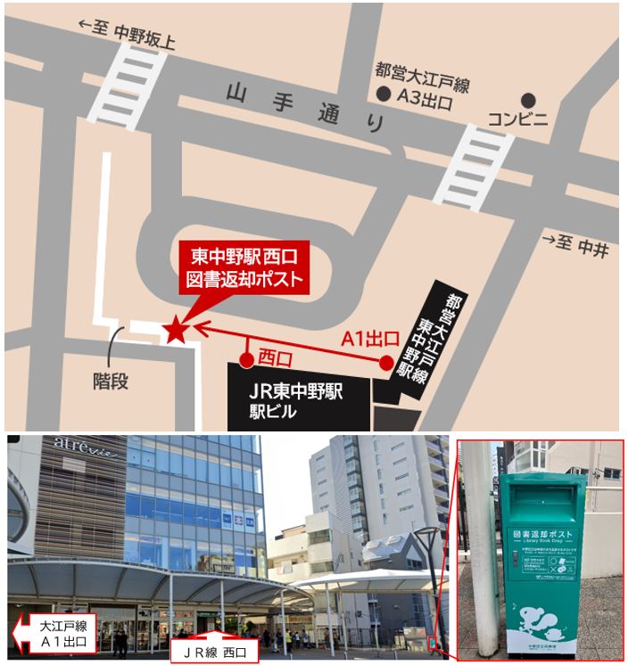 東中野駅西口図書返却ポストの地図