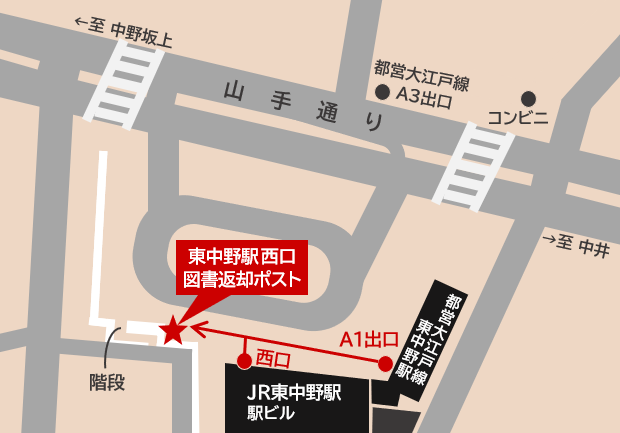 東中野駅西口図書返却ポストの地図